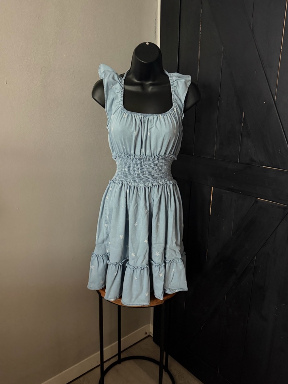 Smocked Waist Light Blue Mini Dress with Ruffle Straps